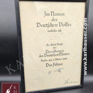 Ehrenkreuz der Deutschen Mutter Verleihungs-Urkunde zur 3. Stufe (Bronze)
