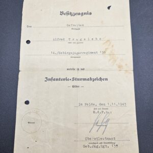 Infanterie Sturmabzeichen Silber Verleihungsurkunde - 14 Gebirgsjägerregiment 138