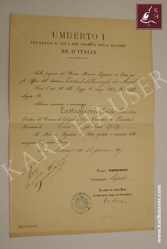 Art.  attestato-nomina-umberto-1-sindaco-di-castiglione-olona-1887-24-x-37-cm