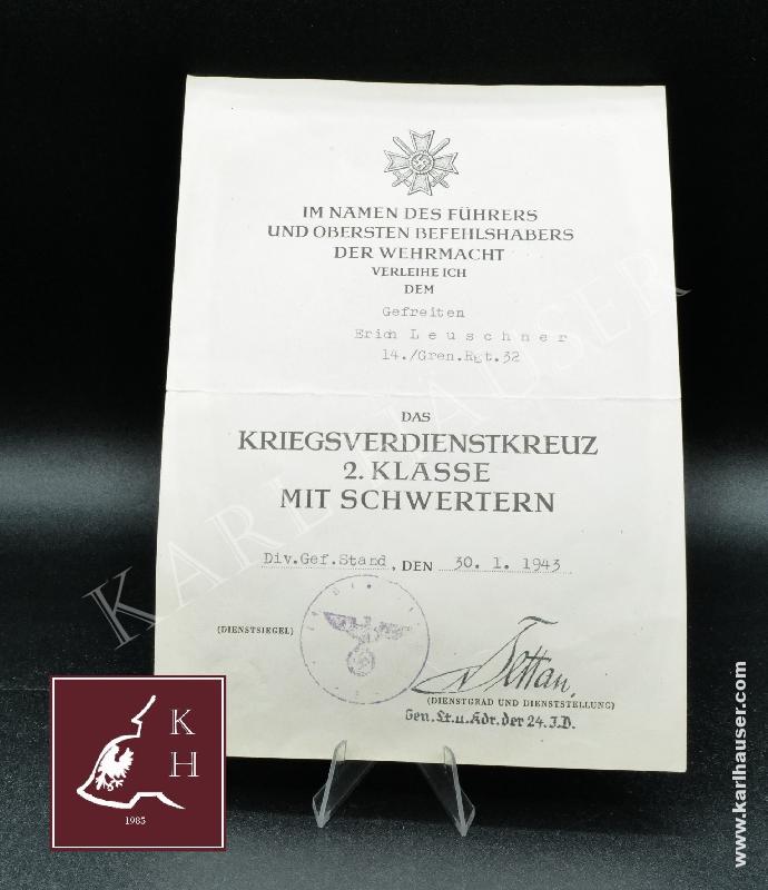 Art.  kriegsverdienstkreuz-2-klasse-mit-schwertern-verleihungsurkunde-14-grenadier-regiment-32