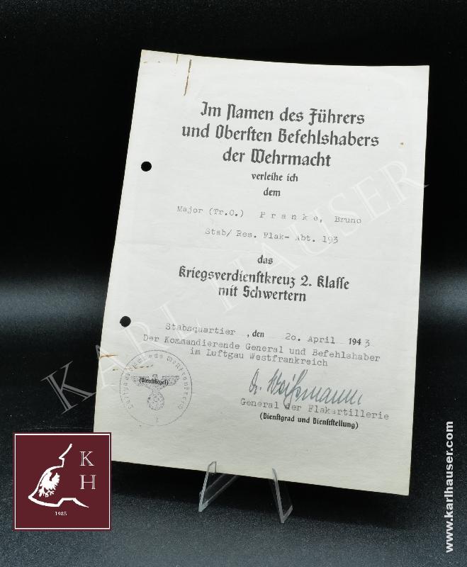 Art.  kriegsverdienstkreuz-2-klasse-mit-schwertern-verleihungsurkunde-flak-abt-193
