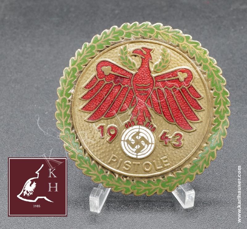 Art.  standschutzenverband-tirol-vorarlberg-gaumeisterabzeichen-1943-in-gold-mit-eichenlaubkranz-pistole